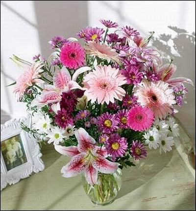 Pink Lilies.white,purple,pink Chrysanthemums