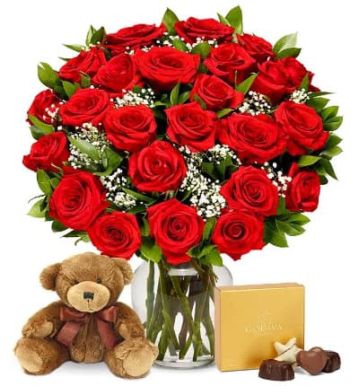 * Long Stem Red Roses
* Plush Teddy Bear
* Box of Chocolates