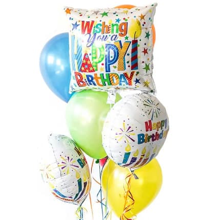 Celebrate a birthday with a fun and colorful birthday balloon bouquet! Created with four bright latex birthday themed balloons and arranged with three birthday themed mylar balloons, this balloon bouquet is sure to bring a smile to the birthday person's face. Hand-tied and delivered to an office, school or home with a card.

Includes:
* Happy Birthday Balloon
* Latex Balloons