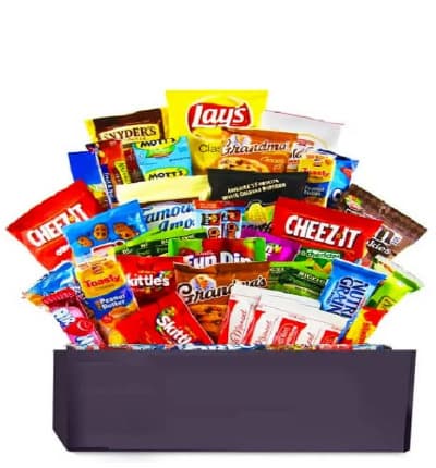 For the snack lover in your life, this is the perfect gift for a birthday, congratulations or just because. Filled with candy, cookies, chips and more, your recipient will be so delightful as their stomachs are satisfied for days. Delivered straight to their home in a gift box.

Includes:
* 50 Snack Items
* Includes Candy, Chips, Cookies, Granola Bars & More!
* Packaged in a Gift Box