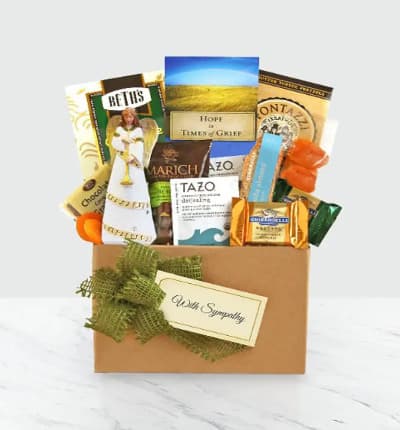 Losing a loved one is never easy, and it's natural to want to express your sympathy and love for someone who has experienced a loss. While flowers and plants are a beautiful and symbolic way to send your condolences, there are other options for those who want to send something more practical and delicious. This tasty gourmet basket includes a variety of snacks, as well as a book of soothing hopeful messages and a keepsake angel figurine, the perfect way to send your thoguhts.

Includes:
* Angel Figurine
* Book of Hope
* Tea Bags
* Ghirardelli Chocolate Squares
* Dried Fruit
* Additional Snacks
* Gift Basket