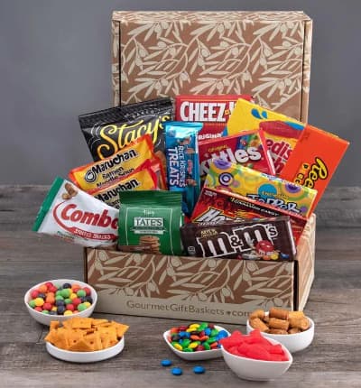 This delicious care package is full of classic favorites with a few tasty twists. Satisfy your cravings whether they be sweet, salty, crispy or chewy. We've included everything from chocolate, to gummies, heat-and-eat dinners and everything in between!

Includes:
* Blasted with M&Ms - Rice Krispies Treats Bar - 2.1 oz.
* Chocolate Chip Cookies - 1 oz.
* Milk Chocolate M&Ms Theater Box - 3.1 oz.
* Skittles Original Theater Box - 3.5 oz.
* Hot Tamales Theater Box - 5 oz.
* Salt and Pepper Krinkle Cut Potato Chips - 2 oz.
* Cinnamon Sugar Pita Chips - 1.5 oz.
* Everlasting Gobstopper Theater Box - 5 oz.
* Swedish Fish Theater Box - 3.1 oz.
* Sour Cream & Onion Krinkle Cut Kettle Chips - 2 oz.
* Peanut M&Ms - 1.69 oz.
* Pepperoni Pizza Pretzels - 1.8 oz.