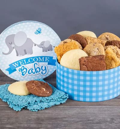 The perfect way to welcome a precious new baby boy into the family is here! Delicious whoopie pies, crumbly melt in your mouth cookies and delightfully fudgy brownies in an adorable, decorative container will greet the lucky parents.

Includes:
* Chocolate Chunk Brownie
* Peanut Butter Brownie
* Chocolate Chip Blondie
* Butterscotch Blondie
* 2 Chocolate Chip Cookies
* 2 Fudge Brownie Cookies
* 2 Oatmeal Raisin Cookies
* 2 Lemon Sugar Cookies
* OU-D Kosher Certified
* Keepsake New Baby Gift Box