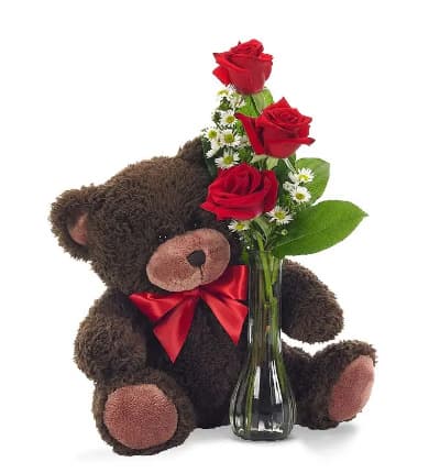 * Red Roses
* Plush Teddy Bear
* Glass Bud Vase