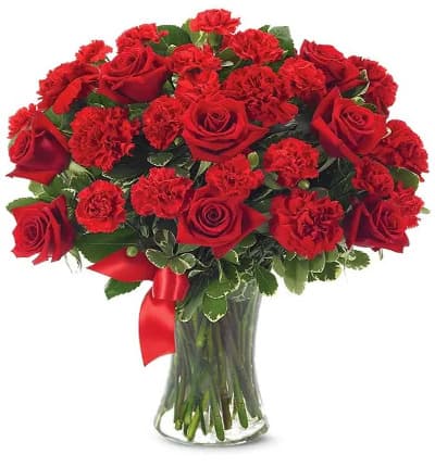 * Red Roses
* Red Carnations
* Decorative Red Ribbon