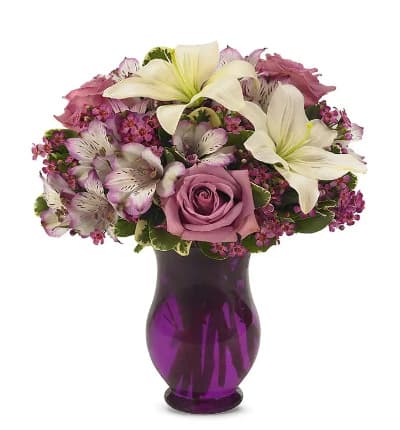 * Purple Roses
* Lavender Alstroemeria
* White Lilies
* Fluted Purple Vase