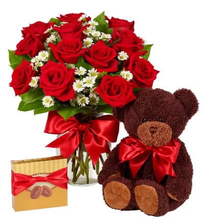 * One Dozen Red Roses
* Teddy Bear with Ribbon Bow
* Box of Chocolates
* Glass Vase with Ribbon
* Card Message Included