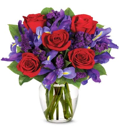 * Red Roses
* Purple Statice
* Blue Iris