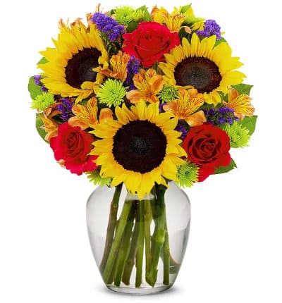 * Sunflowers
* Red Roses
* Purple Statice
* Orange Alstroemeria
* Orange Poms
* Clear Glass Vase