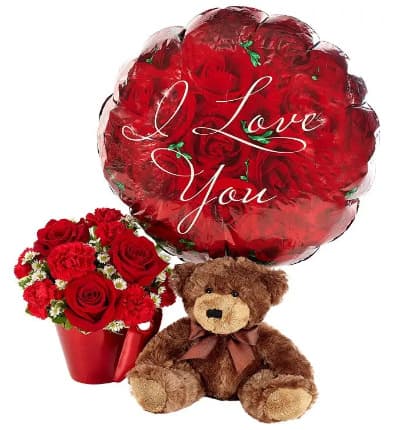 * I Love You Mylar Balloon
* Red Rose & Carnation Bouquet
* 4 oz. Box of Chocolates
* Plush Teddy Bear
* Card Message