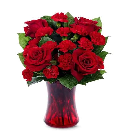 * Red Roses
* Red Mini Carnations
* Salal
* Red Gathering Vase