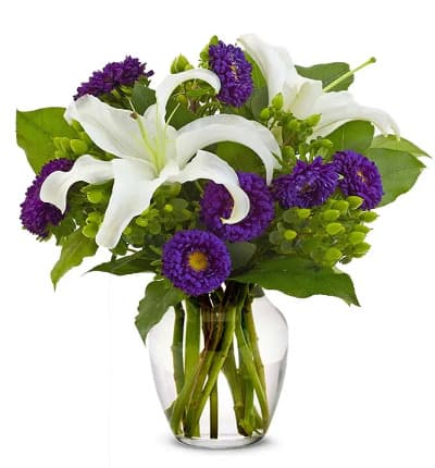 * White Lilies
* Green Hypericum
* Purple Asters