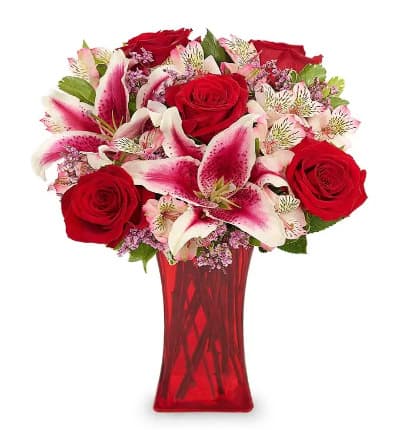 * Red Roses
* Pink Stargazer Lilies
* White Alstroemeria
* Purple Limonium
* Red Vase