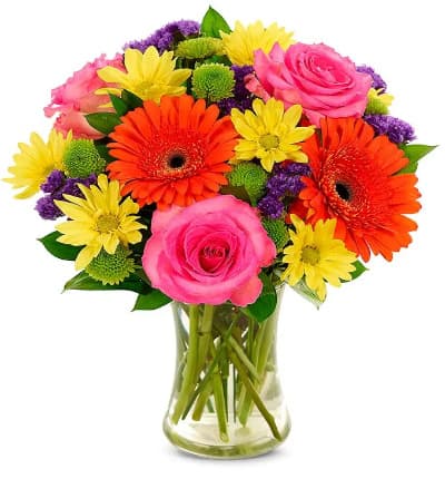 * Pink Roses
* Orange Gerbera Daisies
* Yellow Daisies
* Purple Statice
* Glass Cylinder Vase