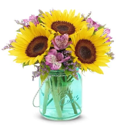 * Sunflowers
* Purple Alstroemeria
* Purple Monte Casino
* Mason Jar Vase