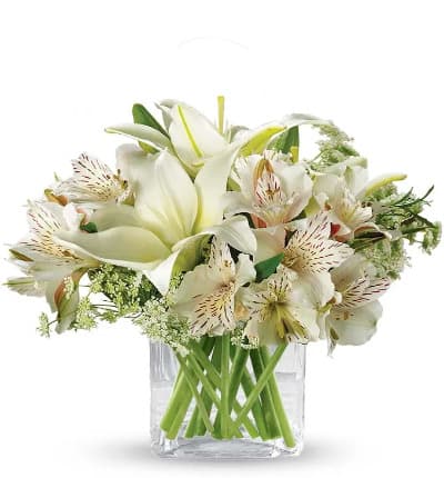 * White Lilies
* White Alstroemeria
* Queen Anne's Lace
* Glass Vase