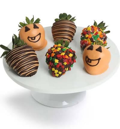 Spooky and delicious, these chocolate covered strawberries are beautifully decorated for your Halloween Celebrations. 6 juicy fresh strawberries are hand dipped in Belgian Chocolate and then decorated with ghosts, pumpkins, and the colors of halloween.
Includes:
* 6 Large Strawberries
* Dipped in Milk, White & Dark Chocolate
* Halloween Edible Candies
* Fall Sprinkles
* Resusable Cooler.
ALLERGEN ALERT: Product contains egg, milk, soy, wheat, peanuts, tree nuts and coconut. We recommend that those with food related allergies take the necessary precautions.
