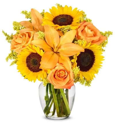 * Sunflowers
* Orange Lilies
* Yellow Solidago
* Orange Roses