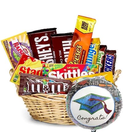 Send congratulations to a graduate in your life with this sweet and savory basket full of goodies! We have combined an assortment of everyone's favorite treats into one special gift. From chocolate bars and peanut butter cups, to chewy candies, this basket is a great gift for all ages whether the recipient is graduating Kindergarten or College! Created and hand delivered by one of our local florists. Available for same day delivery. * Candy and product assortment may vary. Graduation balloon may also vary depending on local florist's availability and may not be the same as what is shown in the product image.

Includes:
* Chocolate Candy Variety
* Keepsake Basket
* Graduation Mylar Balloon
* Card Message Included