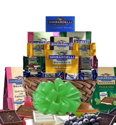 All things Ghiradelli Chocolate is wrapped up in this gift just waiting to be delivered for someone special in your life. The premium chocolate assortment meant for true connoisseurs crafted by the world famous Ghirardelli will impress for a birthday, anniversary or just because.

Includes:
* (3) 5.32 oz. Square Bags Dark & Raspberry, Milk & Caramel, Mint & Dark
* (4) .53 oz. Square Chocolates
* 3.5 oz. Creamy Devotion Bar 32% Cacao
* 3.5 oz. Dark & Caramel Bar