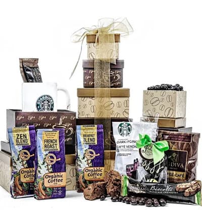 Make a home into a coffee haven with this basket full of Starbucks and goodies. Fill your home with the delicious aroma of coffee and nibble on biscottis and more without having to leave your home at all. Enjoy!

Includes:
* Starbucks Ground Coffee
* French Roast Organic Coffee
* Godiva Cafe
* Biscotti
* Starbucks Mug
* Much More!