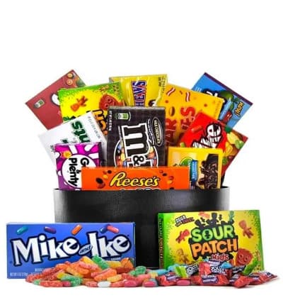 A delicious bundle of sweets for your sweetie! This classic variety of candy including m&m's, Mike and Ike's, Reese's Pieces, Junior Mints and so much more is a great way to say Happy Birthday, I love you, or I'm thinking about you! This basket is the perfect sweet tooth candy basket.

Includes:
* Chocolate Candies
* Gummy Candies
* Gift Container
* Card Message